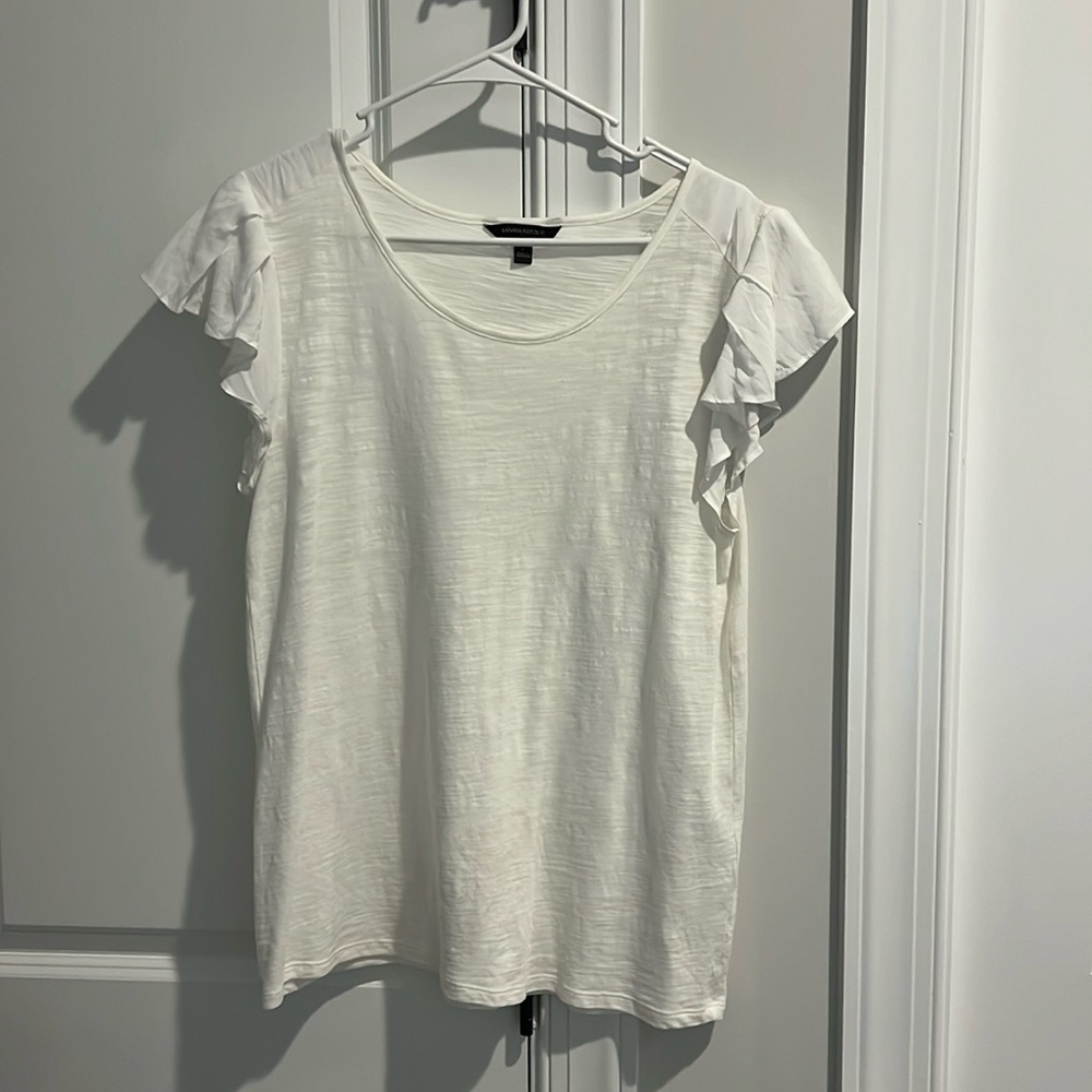 White blouse with flutter cap sleeves